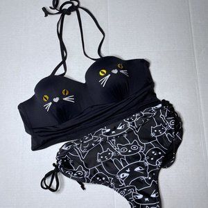 Black Cat Print Halter Bikini Swimsuit Novelty